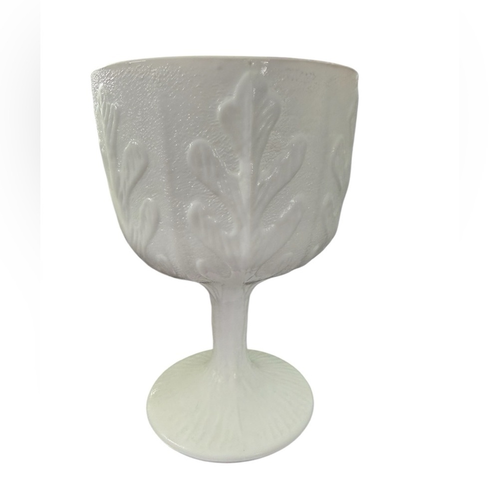 vintage FTD white milk glass pedestal vase featuring an oak leaf pattern